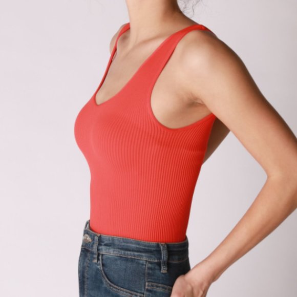 Red Ribbed Thong V Neck Bodysuit - Picture 2 of 3